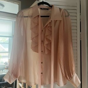 Zara light pink ruffled button up blouse. Never Worn. Size L